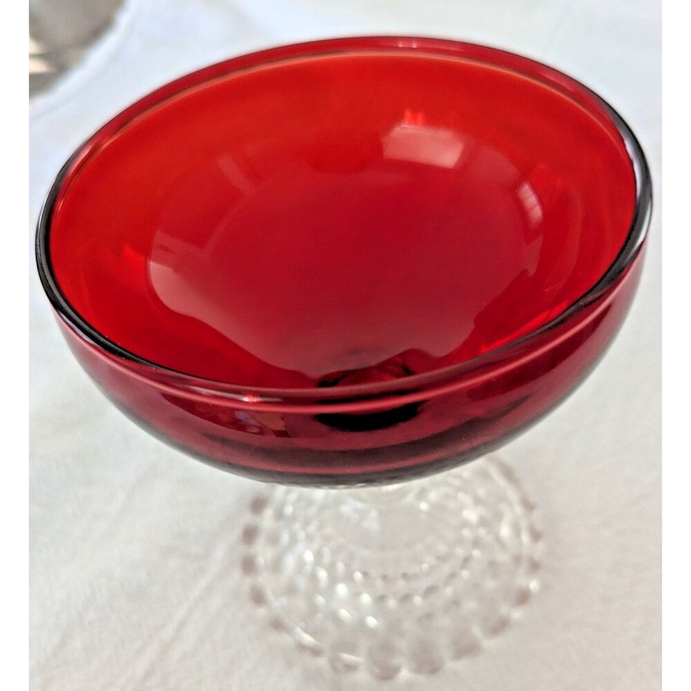 Vintage Ruby Red & Clear Hobnail Pedestal Dessert Bowl Sherbet Glass 3.75"